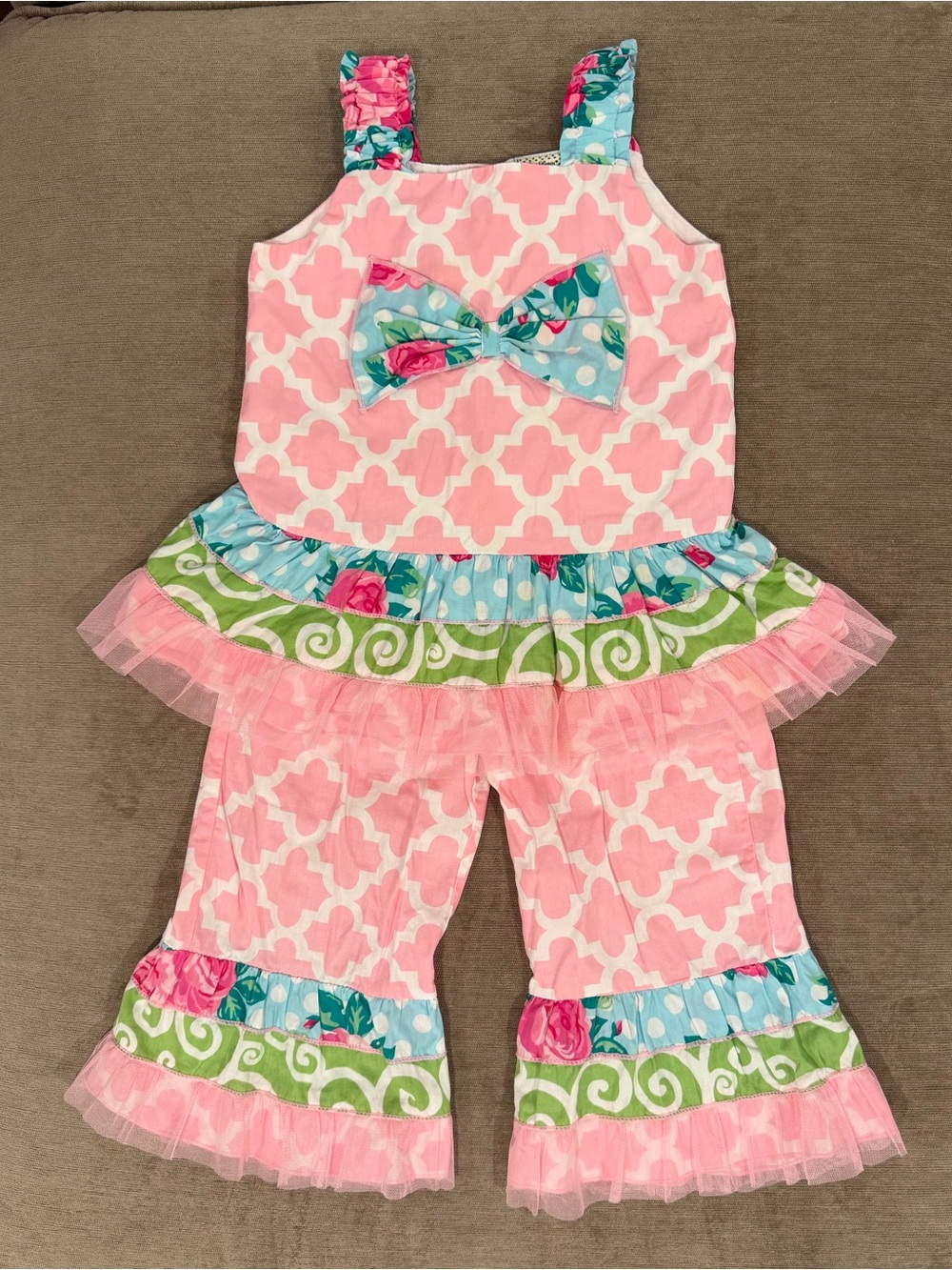 Ann Loren Pink Multicolor Girls Matching Set with Floral Bow